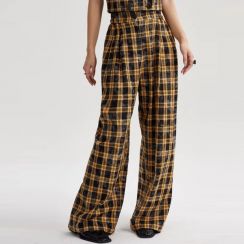 Womens Casual Vintage Plaid Wide Leg Pants