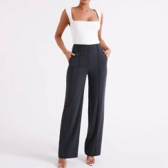 2Pcs Womens Fashion High Waist Straight Leg Pants