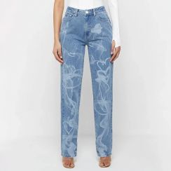 2Pcs Pop Smoky Print Cotton Womens High Waist Jeans